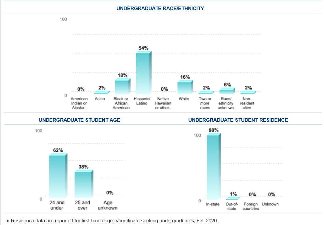 Breakdown of undergraduate enrollment data by Race, age, and residence.