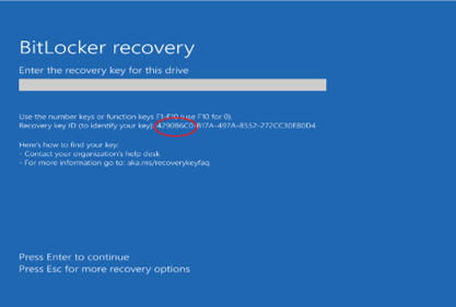 Screenshot of a BitLocker recovery screen. The first 8 digits of the recovery key ID are circled in red.