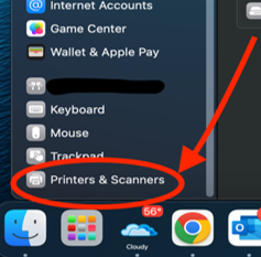 Screenshot showing the location of the Printers and Scanners option in System Settings. It is circled in red and has a red arrow pointing to it.