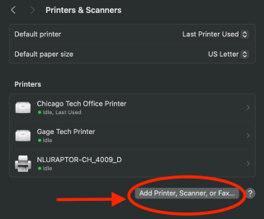 Screen shot showing the Printers & Screenshot screen in Mac System Settings. The Add Printer, Scanner, or Fax Machine button is circled in red and has a red arrow pointing to it.
