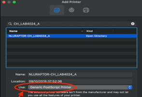 Screenshot of the Add Printer dialog in Mac. The Use field has the 'Generic PostScript Printer