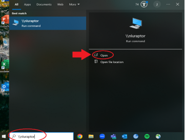Screenshot of a Windows screenshot with the search bar circled in red. It contains the text '\\nluraptor'.