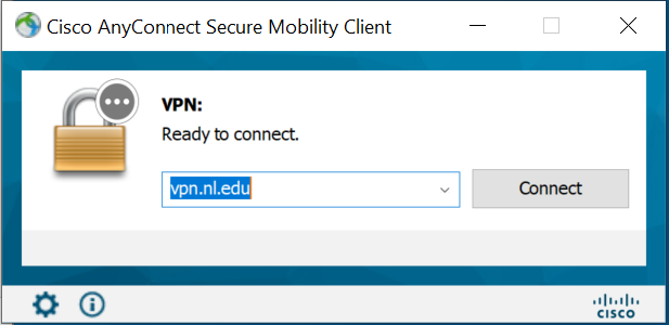 Screenshot of the Cisco AnyConnect Security Mobility Client application. The only text field contains the URL vpn.nl.edu