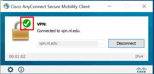 Screenshot of the Cisco AnyConnect application. The application shows that is connected to vpn.nl.edu. There is a lock icon with a green checkmark.