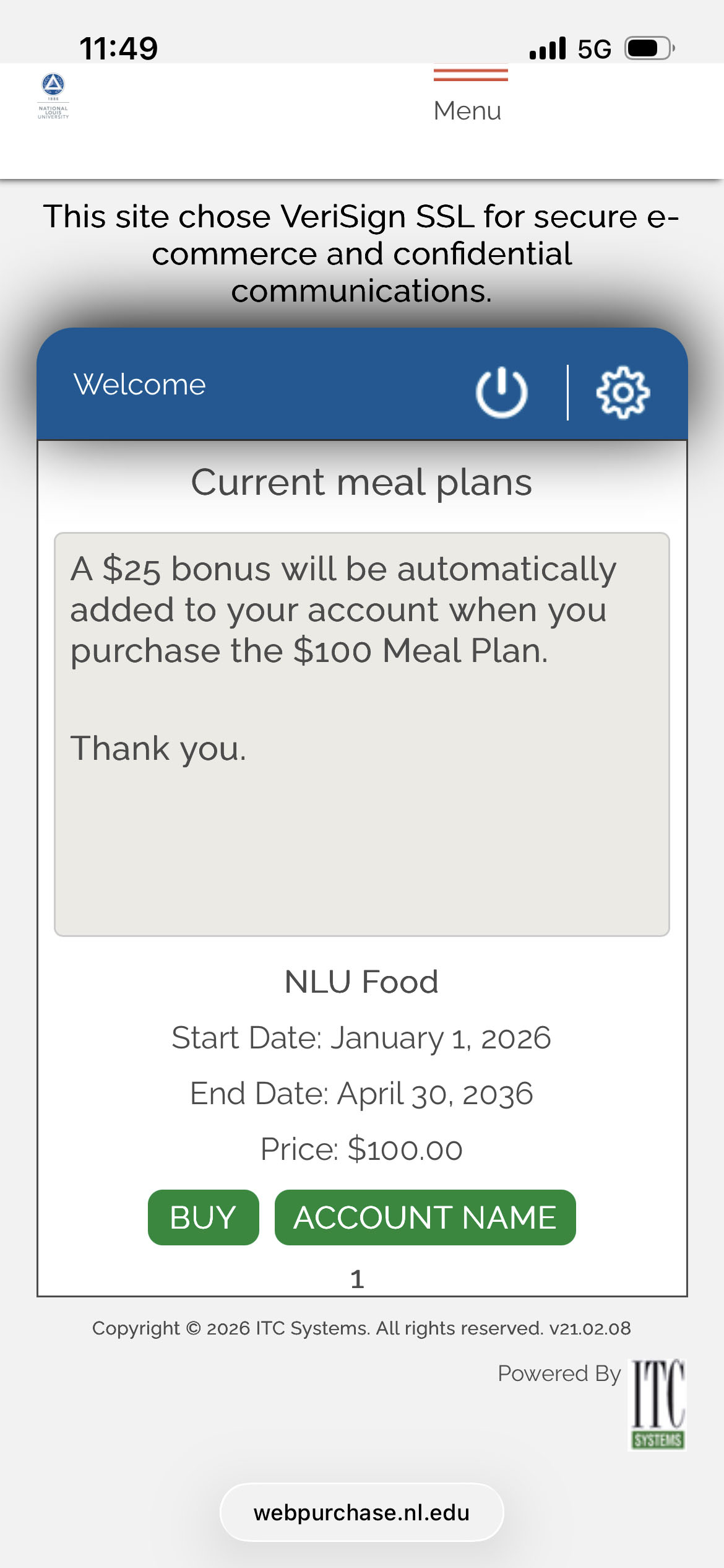 A screenshot of the Web Purchase meal plan page