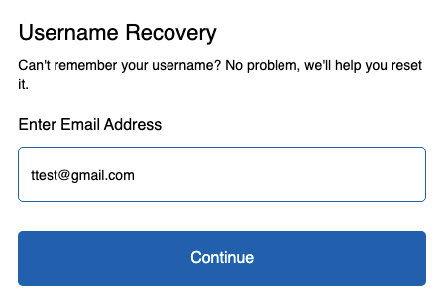 Screenshot of the username recovery screen