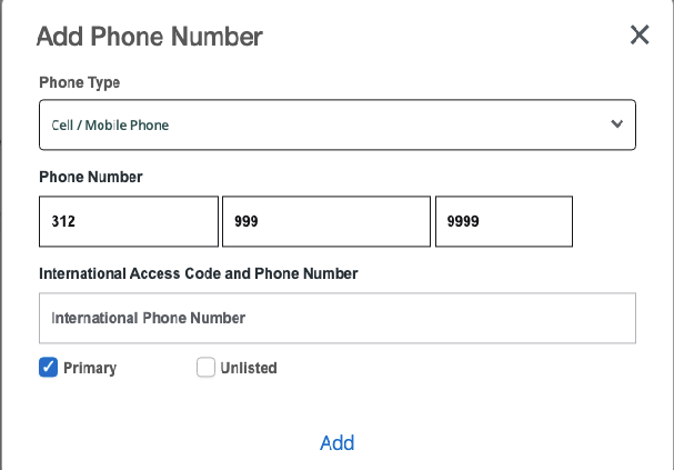 Screenshot of the Add Phone Number page